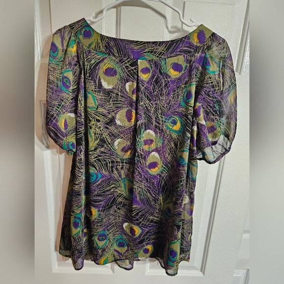 Sara Michelle Womens 1X Purple Blue Peacock Print Chiffon Blouse Preppy Boho 90s - Picture 3 of 7